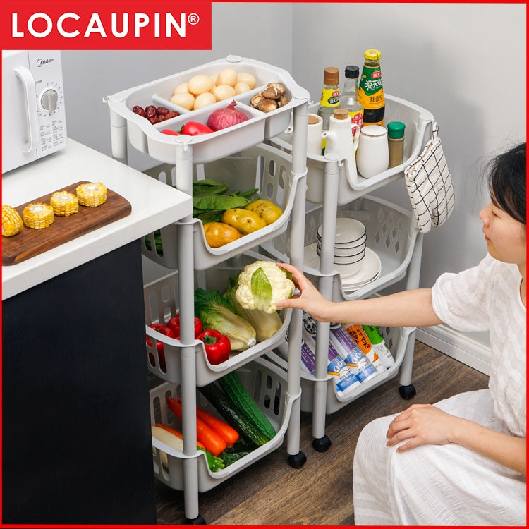 Locaupin 4Tier Kitchen Storage Trolley with Wheels Plastic Fruit Vegetable Rack for Bathroom Multifunction Organizer
