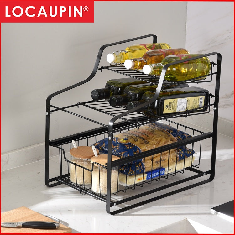 Locaupin 2 Tier Sliding Cabinet Basket Pull Out Organizer Drawer Ideal Countertop Pantry Under The Sink Desktop Storage