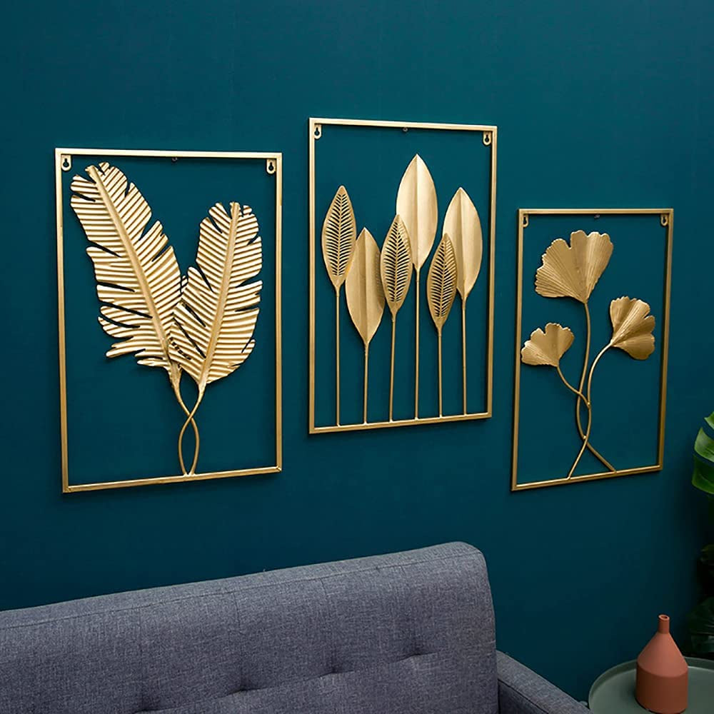 Locaupin Gold Metal Wall Art with Frame, Accent Leaves Wall Decor Leaf Wall Hanging Decor