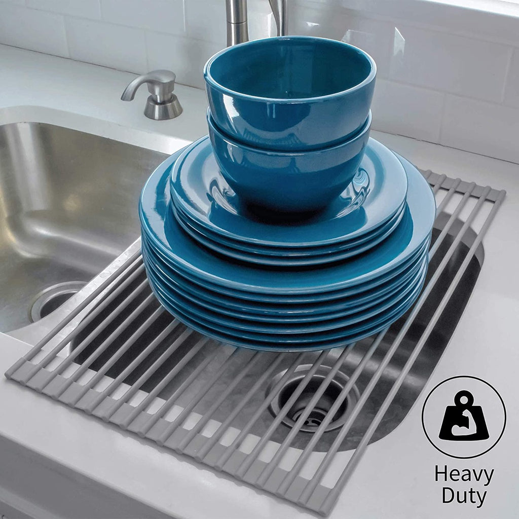 Locaupin Kitchen Large Roll Up Dish Drying Rack - Heavy Duty Silicone Wrapped Steel Rods Over Sink Dish Drying Rack