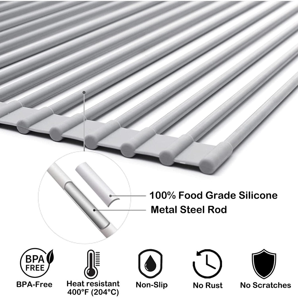 Locaupin Kitchen Large Roll Up Dish Drying Rack - Heavy Duty Silicone Wrapped Steel Rods Over Sink Dish Drying Rack