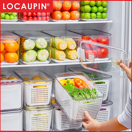 Locaupin Food Storage Containers Stackable Refrigerator Organizer Bins Baskets with Lids and Removable Drain Basket