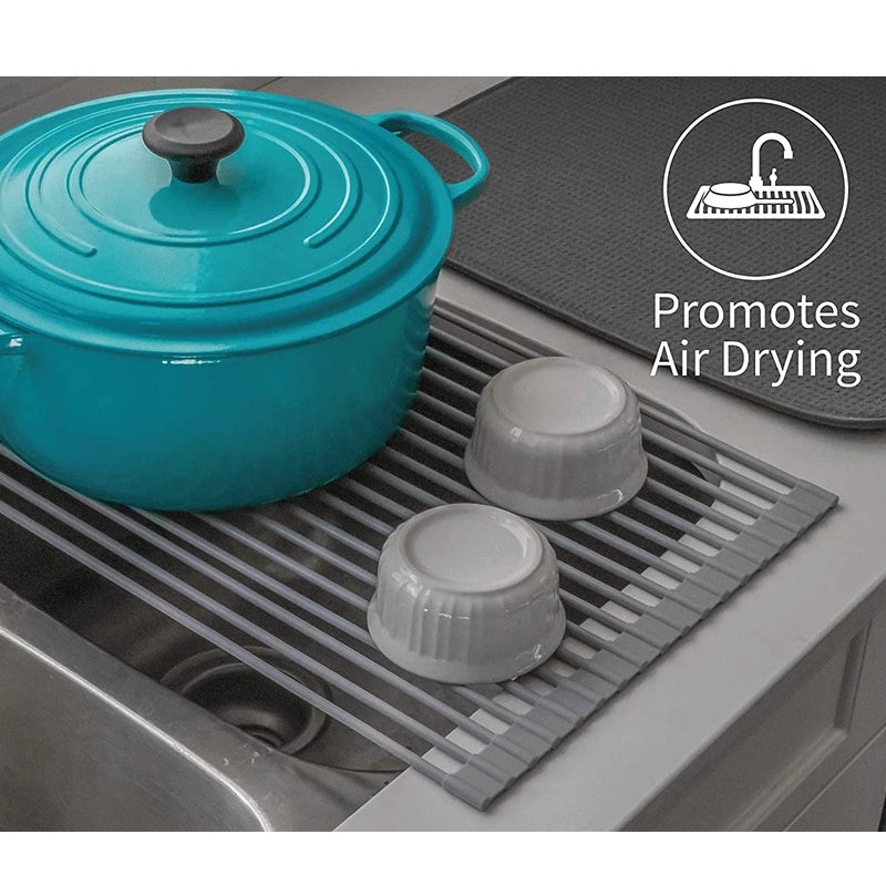 Locaupin Kitchen Large Roll Up Dish Drying Rack - Heavy Duty Silicone Wrapped Steel Rods Over Sink Dish Drying Rack