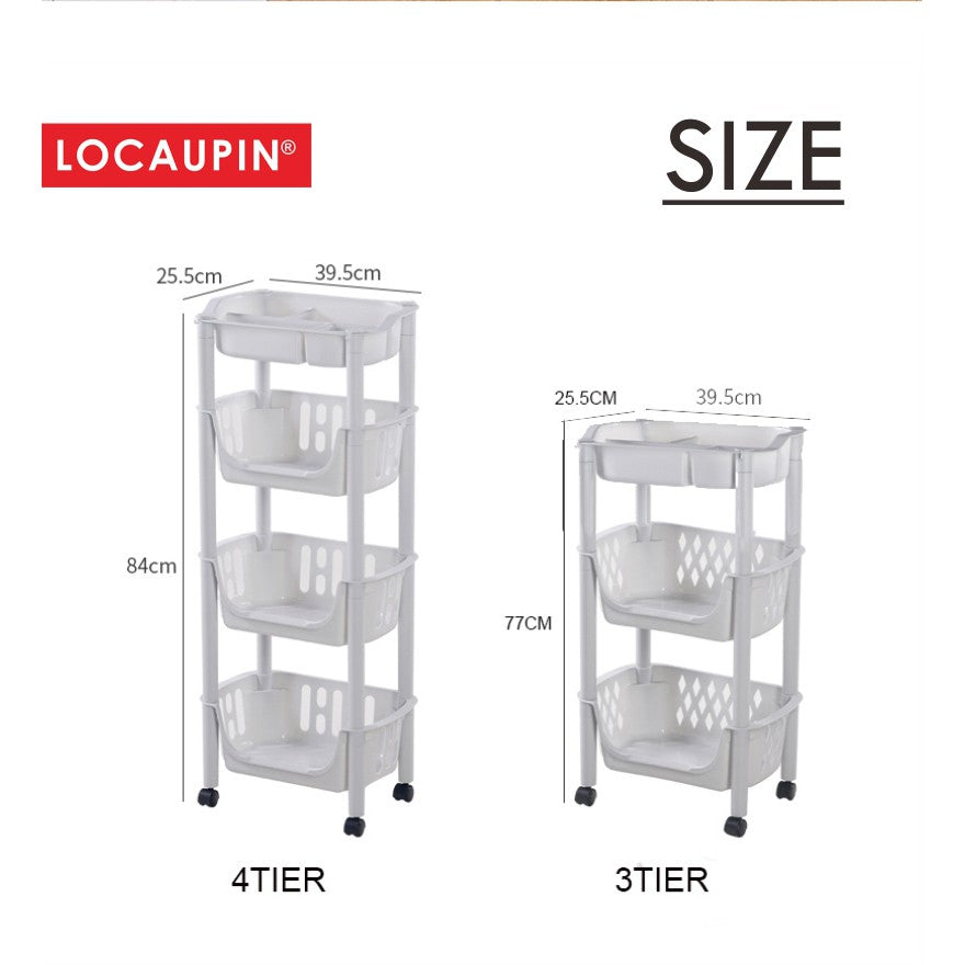Locaupin 4Tier Kitchen Storage Trolley with Wheels Plastic Fruit Vegetable Rack for Bathroom Multifunction Organizer
