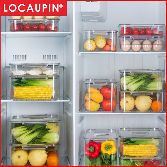Locaupin Stackable Kitchen Pantry Cabinet Refrigerator Freezer Food Storage Box with Handles Lid - Organization
