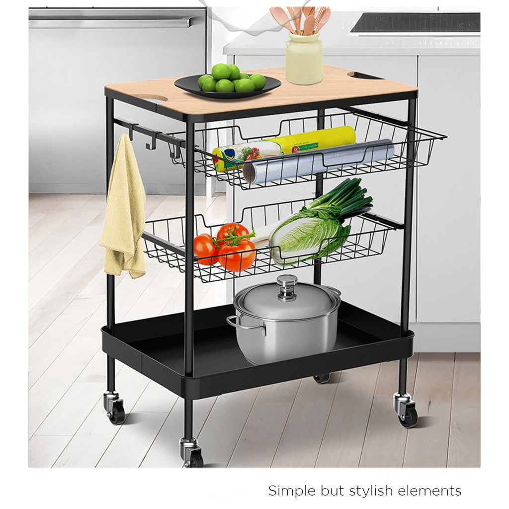 LOCAUPIN 4-Tier Flat Top Rolling Kitchen Serving Utility Cart on Wheels Storage Shelf with Wooden Table