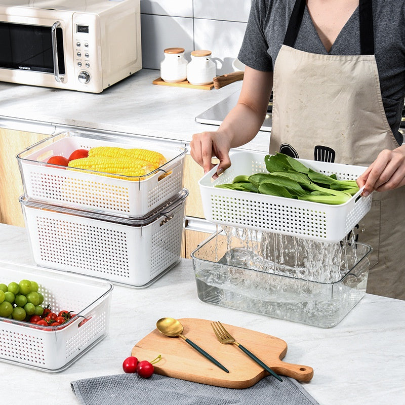 Locaupin Food Storage Containers Stackable Refrigerator Organizer Bins Baskets with Lids and Removable Drain Basket