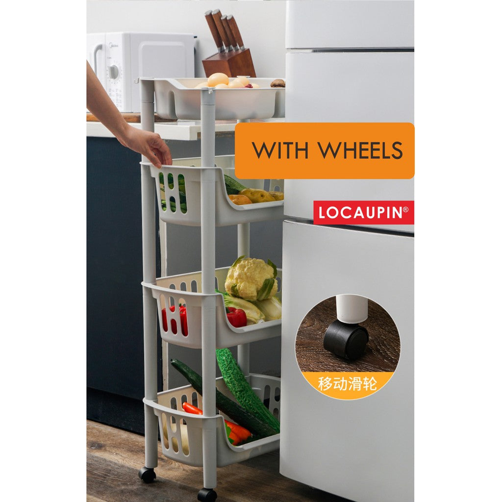 Locaupin 4Tier Kitchen Storage Trolley with Wheels Plastic Fruit Vegetable Rack for Bathroom Multifunction Organizer
