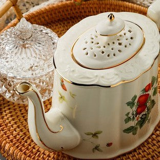 Locaupin Ceramic Tea Pot, Coffee Pot, European Ceramic Vintage Teapot with Gold Edge Strawberry Cute Design,Good Gift