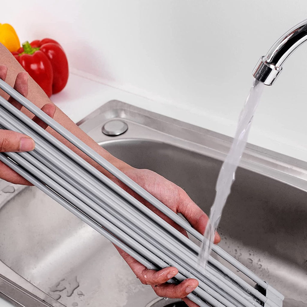 Locaupin Kitchen Large Roll Up Dish Drying Rack - Heavy Duty Silicone Wrapped Steel Rods Over Sink Dish Drying Rack