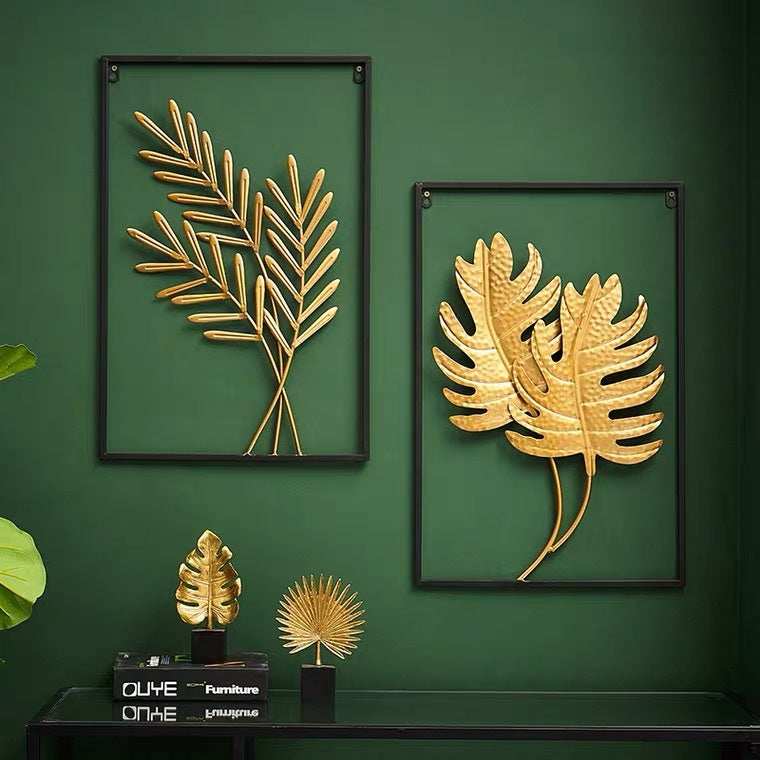 Locaupin Gold Metal Wall Art with Frame, Accent Leaves Wall Decor Leaf Wall Hanging Decor