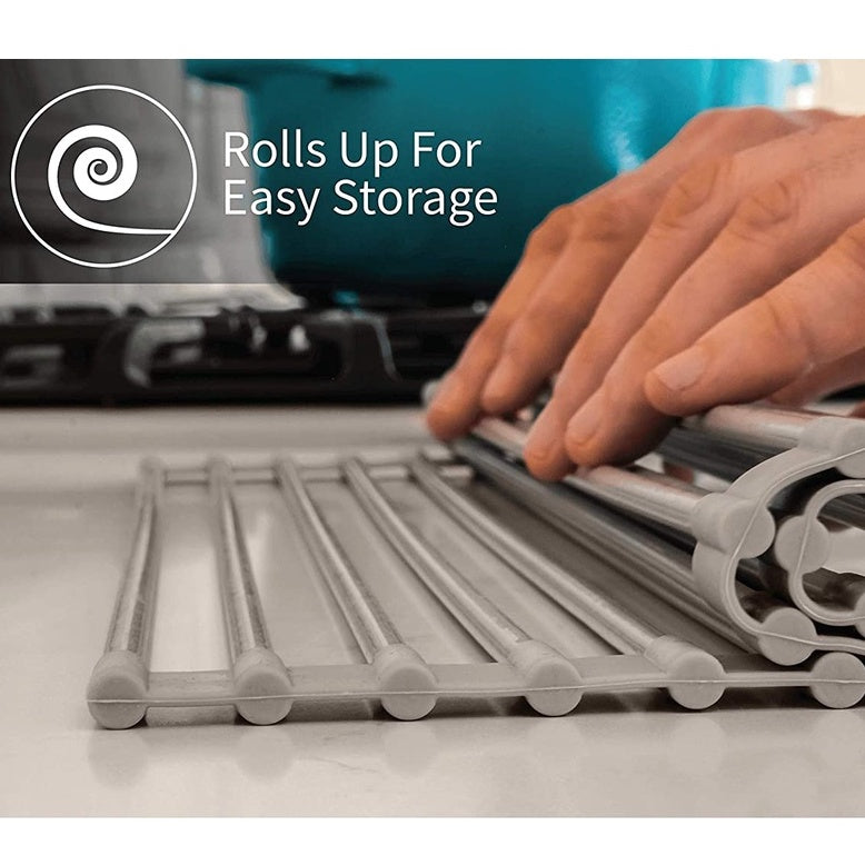 Locaupin Kitchen Large Roll Up Dish Drying Rack - Heavy Duty Silicone Wrapped Steel Rods Over Sink Dish Drying Rack