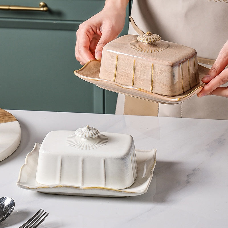 Locaupin Butter Dish with Lid Large Ceramic Butter Storage Container Keeper for Refrigerator with Butter Knife