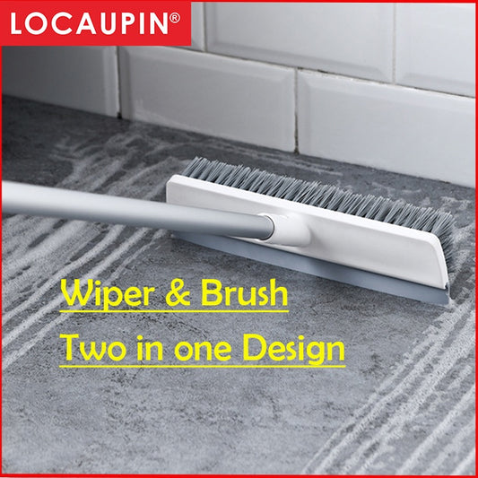 Locaupin Floor Scrub Brush with Rubber Blade Stiff Bristle Deck Brush with Adjustable Handle, for Cleaning Kitchen, Bath