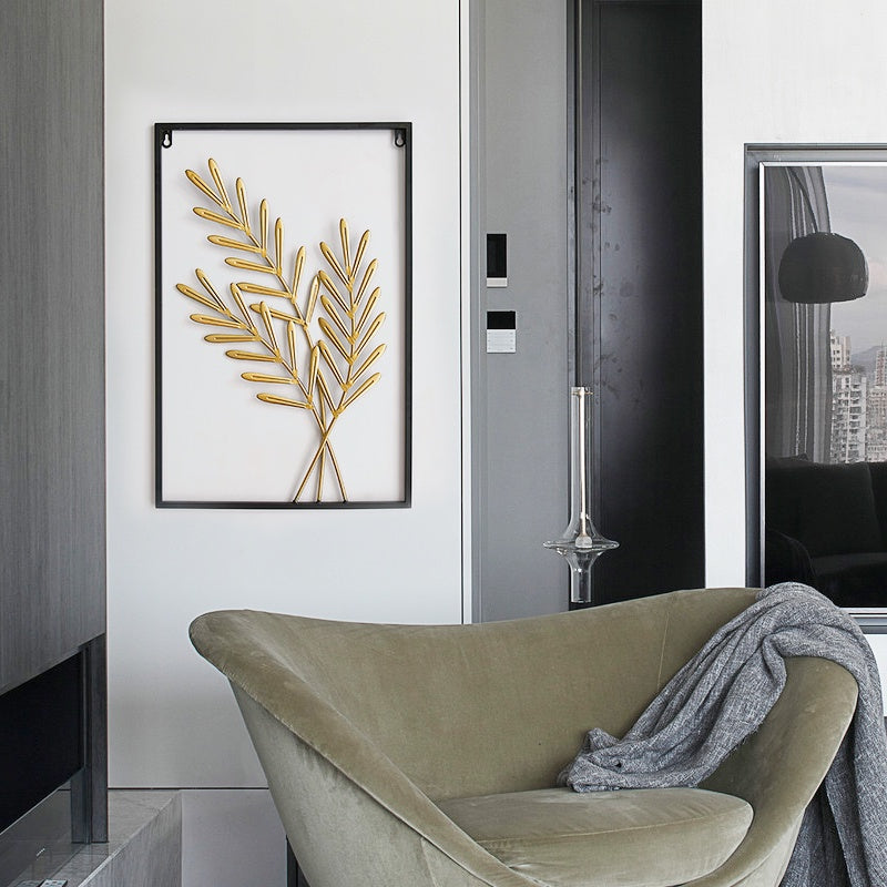 Locaupin Gold Metal Wall Art with Frame, Accent Leaves Wall Decor Leaf Wall Hanging Decor