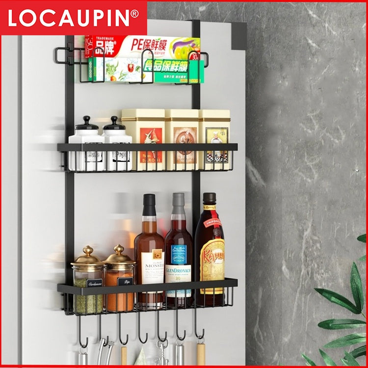 Locaupin 2/3Tier Fridge Organizer Spice Rack with Paper Towel Holder with Hooks Refrigerator Shelf in Kitchen