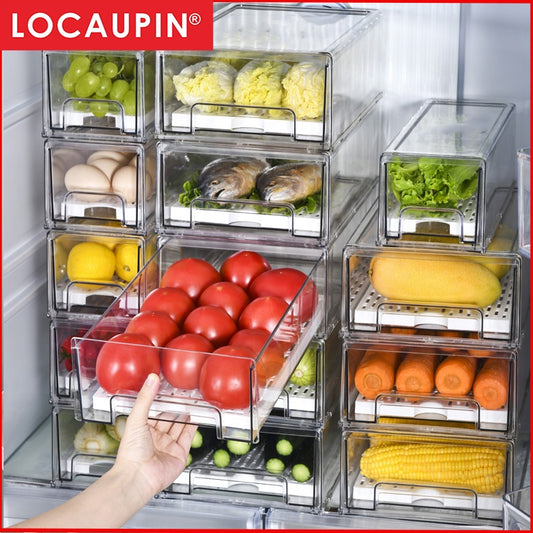 Locaupin Drawer Stackable Kitchen Pantry Cabinet, Refrigerator, Freezer Food Storage Box with Handles, Food Container