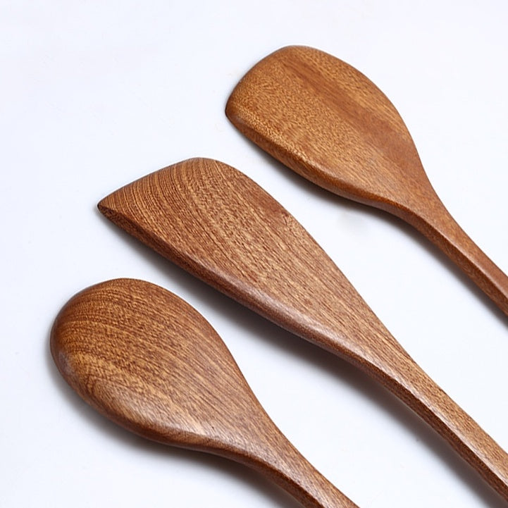 Locaupin Natural Ebony Wood Wok Spatula, Long Handle, Handmade for Non-stick Cookware Kitchen Utensils