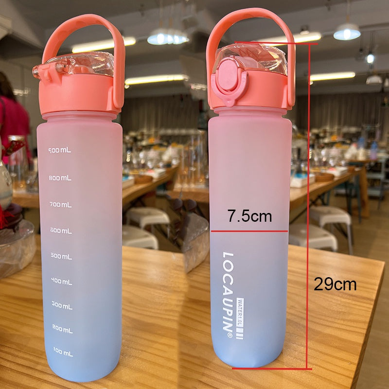 Locaupin Gradient Frosted Fitness Sports Water Bottle Snap Design Lid For Student to Outdoor Running Cycling Gym Workout