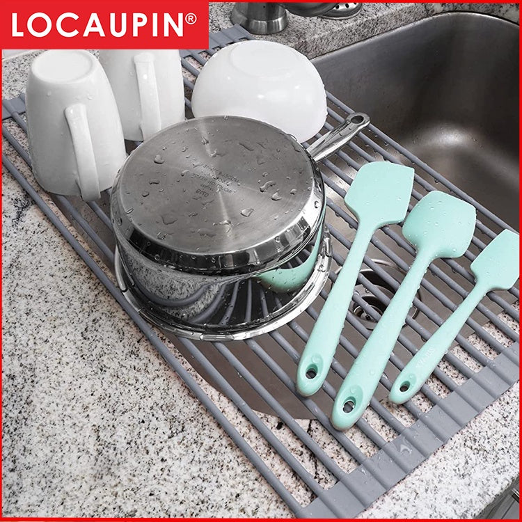 Locaupin Kitchen Large Roll Up Dish Drying Rack - Heavy Duty Silicone Wrapped Steel Rods Over Sink Dish Drying Rack