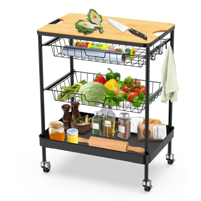 LOCAUPIN 4-Tier Flat Top Rolling Kitchen Serving Utility Cart on Wheels Storage Shelf with Wooden Table