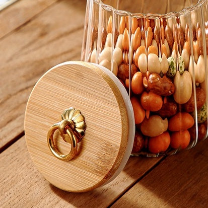 Locaupin Borosilicate Glass Storage Jars ,Clear Glass Food Storage Containers with Airtight Wood Lid Kitchen Canisters