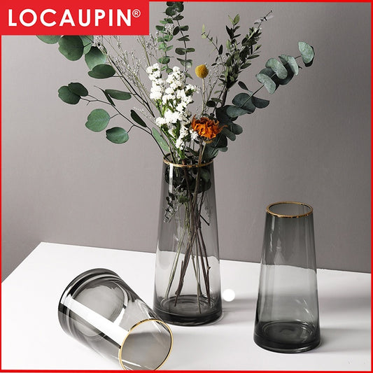 Locaupin Home Vase Flower Arrangement Optic Color Glass Vases with Golden Rim Decor for Dining Living Room Wedding Gift