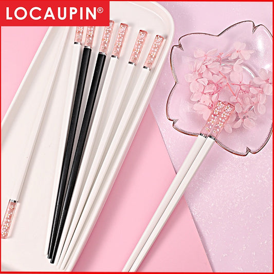 Locaupin White 5 Pairs Reusable Fiberglass Chopsticks Dishwasher Safe, Japanese Style Amber Cherry Blossoms Chopstick