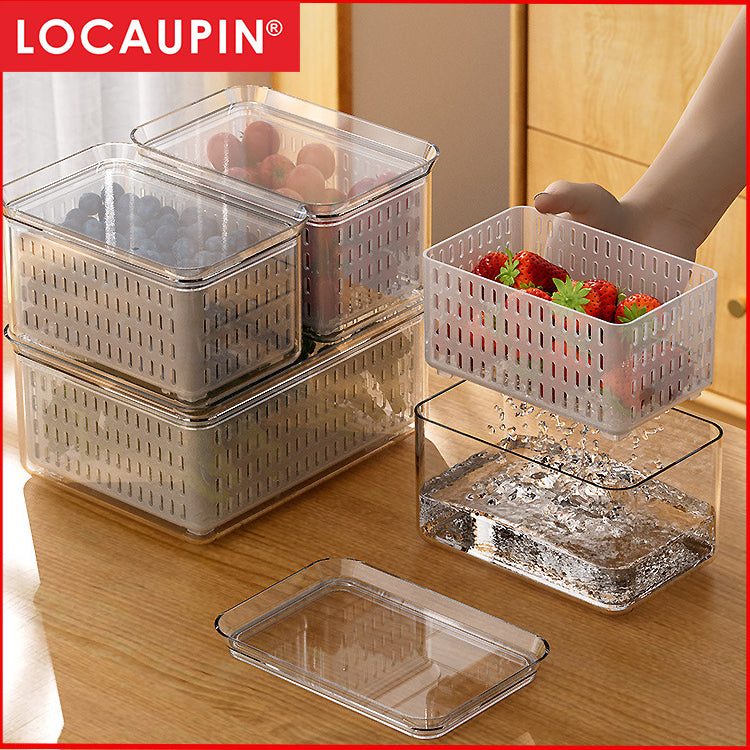 Locaupin Food Storage Containers Stackable Refrigerator Organizer Bins with Lids with Removable Drain Basket