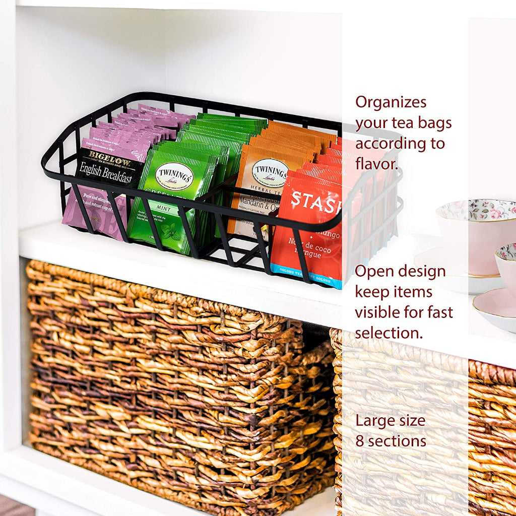 Locaupin Tea Bag Organizer Caddy - Metal Tea Box Storage Holder for Tea, Cups, Pods, Packets, Condiment Accessories