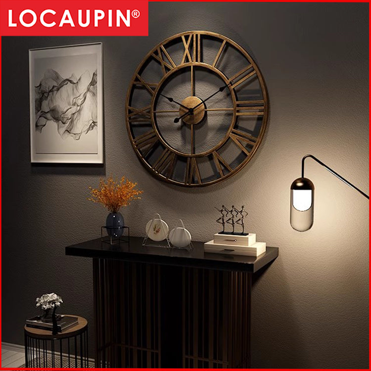 Locaupin Large Wall Clock Black Metal Battery Operated Wall Clock, Silent Clock Modern Home Decor for Living Room/Office