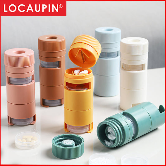 Locaupin 3 in 1 Portable Pill Cutter&Crusher with Pill Holders 7 Day Small Compartments Daily Medicine Storage Box