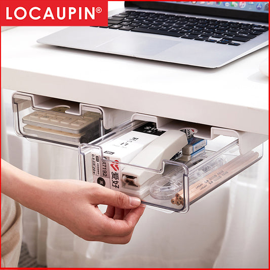 Locaupin Under Desk Drawer Storage Hidden Storage Desktop Drawers Under Table Organizer,Self-Adhesive Pencil Tray Drawer