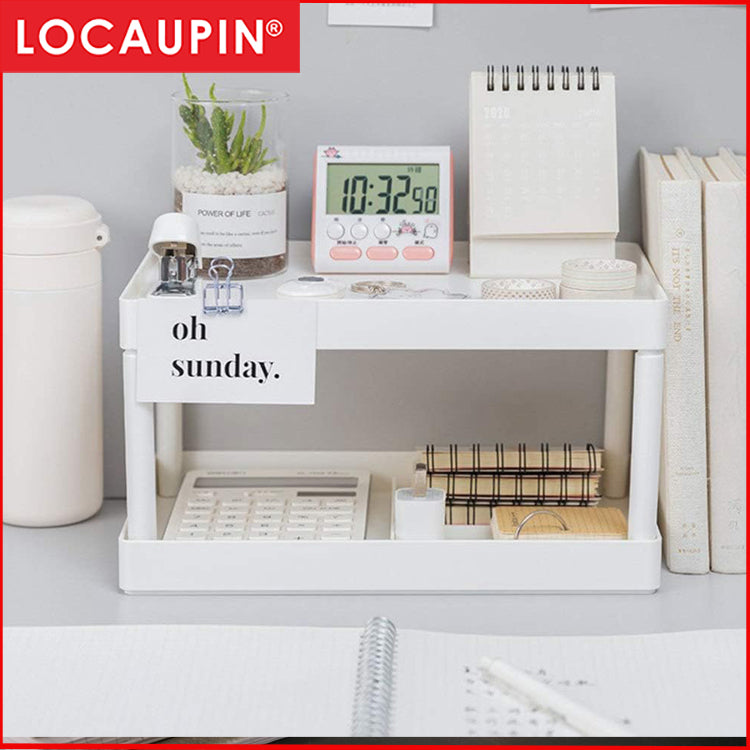 Locaupin Desktop Storage Rack Organizer Double-Layer Stationery Storage Holder Table Sundries Display for Office Dorm