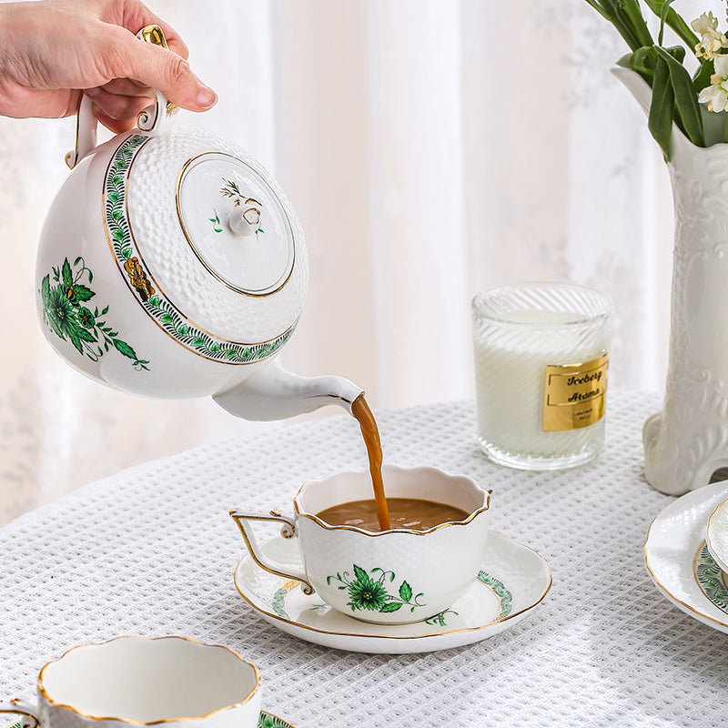 Locaupin Ceramic TeaPots,Coffee Pots,European Ceramic Vintage Coffee Cups with Gold Edge Flower Pattern Delicate Design