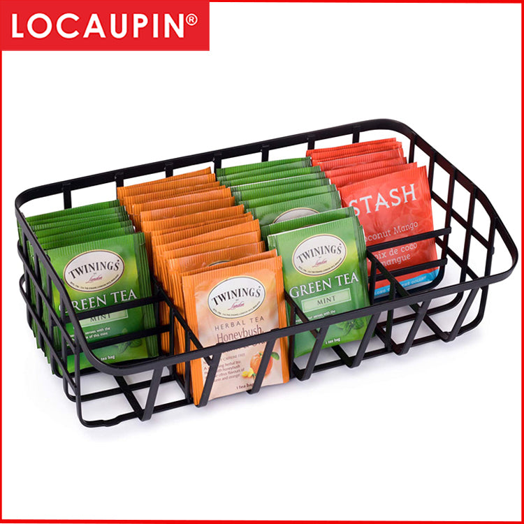 Locaupin Tea Bag Organizer Caddy - Metal Tea Box Storage Holder for Tea, Cups, Pods, Packets, Condiment Accessories
