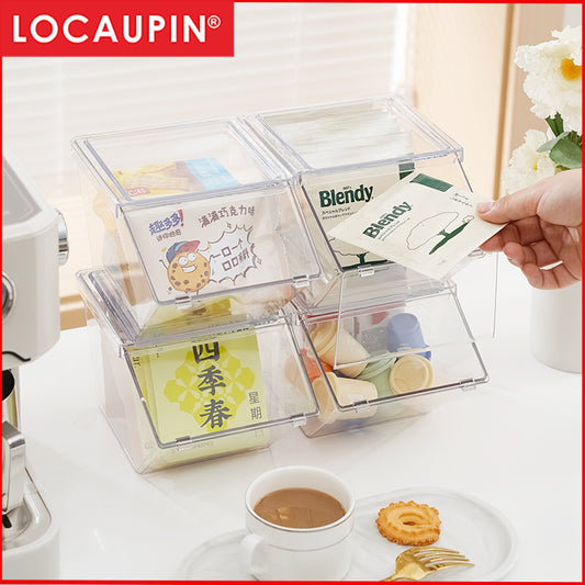 Locaupin Stackable Tea Bag Organizer with Cover,  Plastic Tea Storage Box for Kitchen Pantry Cabinets and Countertops