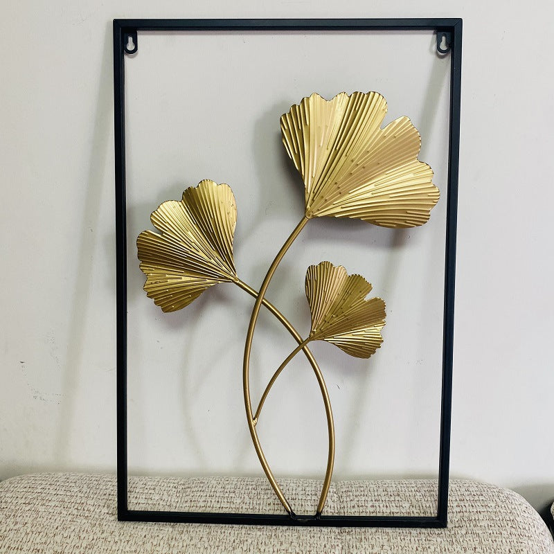 Locaupin Gold Metal Wall Art with Frame, Accent Leaves Wall Decor Leaf Wall Hanging Decor