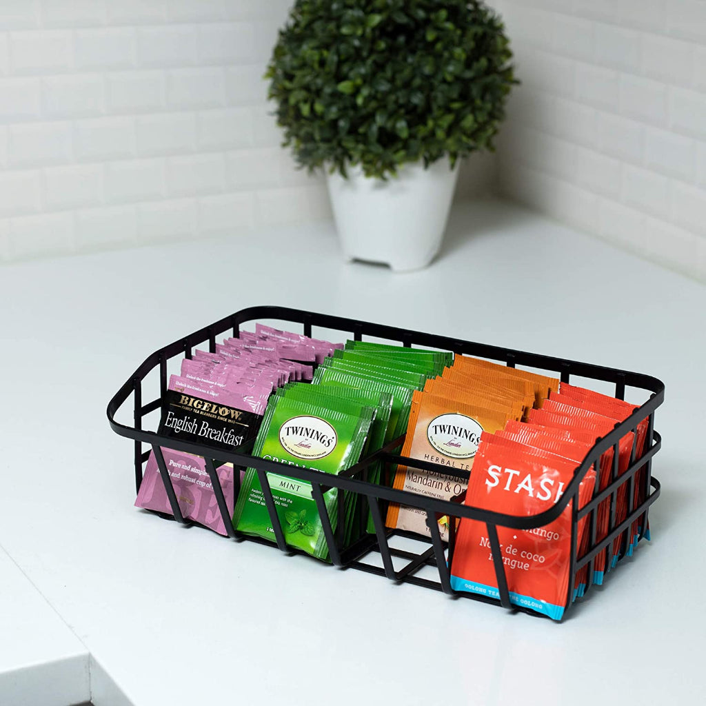 Locaupin Tea Bag Organizer Caddy - Metal Tea Box Storage Holder for Tea, Cups, Pods, Packets, Condiment Accessories
