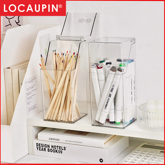 Locaupin Desktop Pen Holder with Cover Stationery Storage organizer, Makeup Brush Storage Box