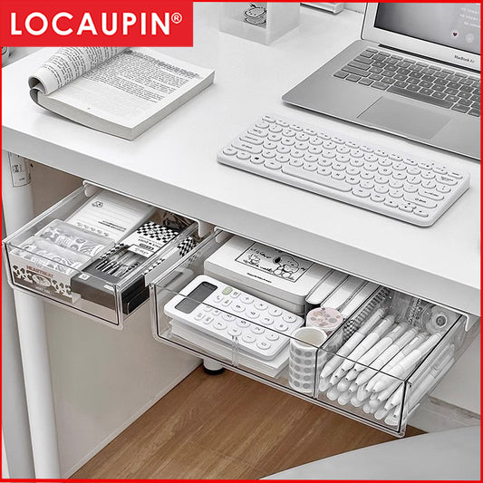 Locaupin Under Desk Drawer Storage Hidden Storage Desktop Drawers Under Table Organizer,Self-Adhesive Pencil Tray Drawer