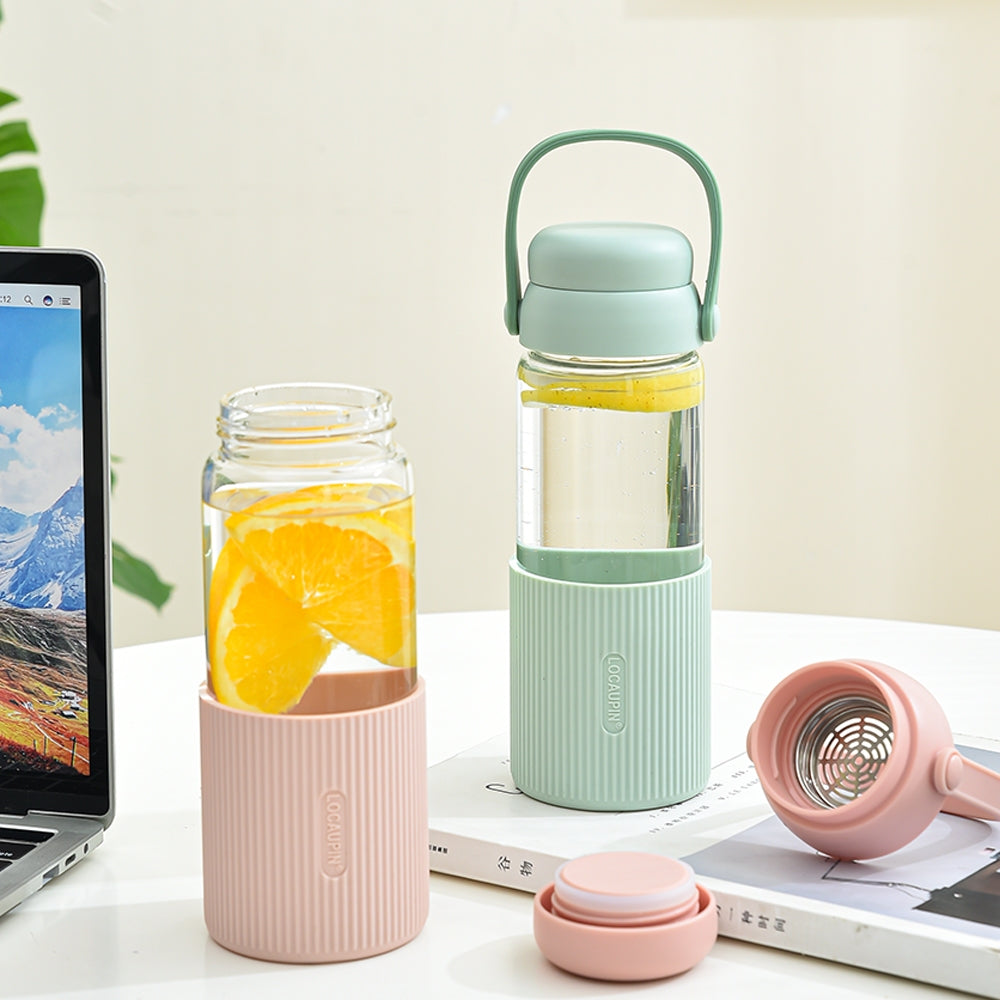 Locaupin Glass Water Bottles with Silicone Sleeve, BPA-Free,with Handle and Filter Tea Bottle,Portable Travel tea Bottle
