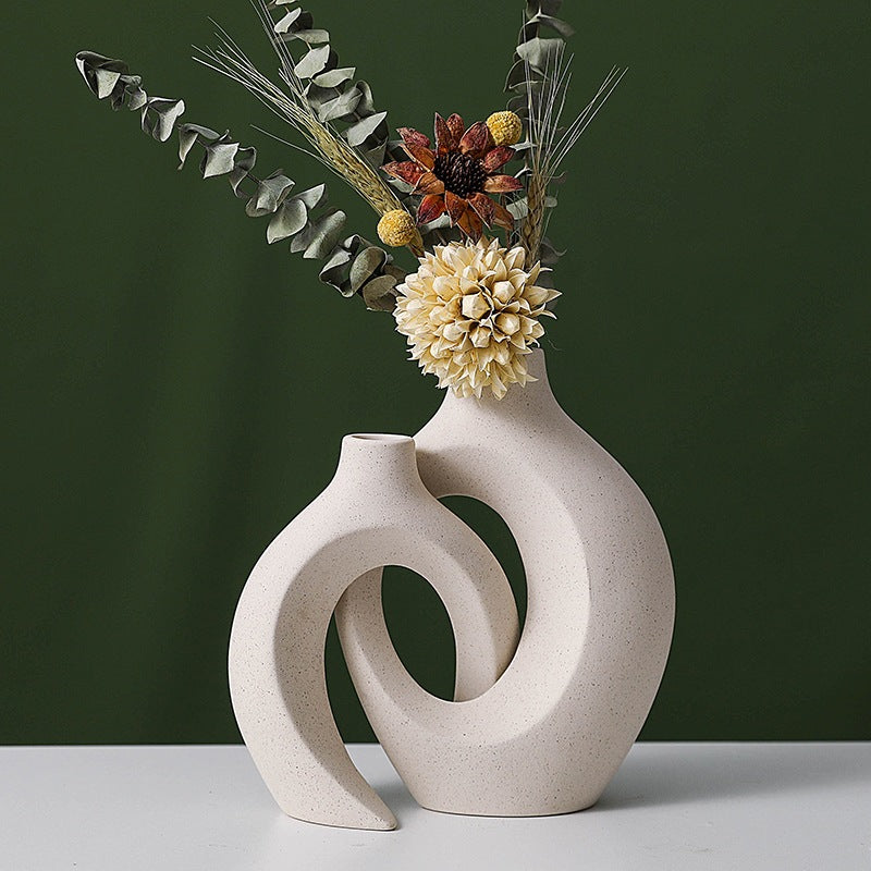 Locaupin White Hollow Ceramic Vase Set of 2, Round Modern Vase for Nordic Minimalist Book Style Shelf Decor