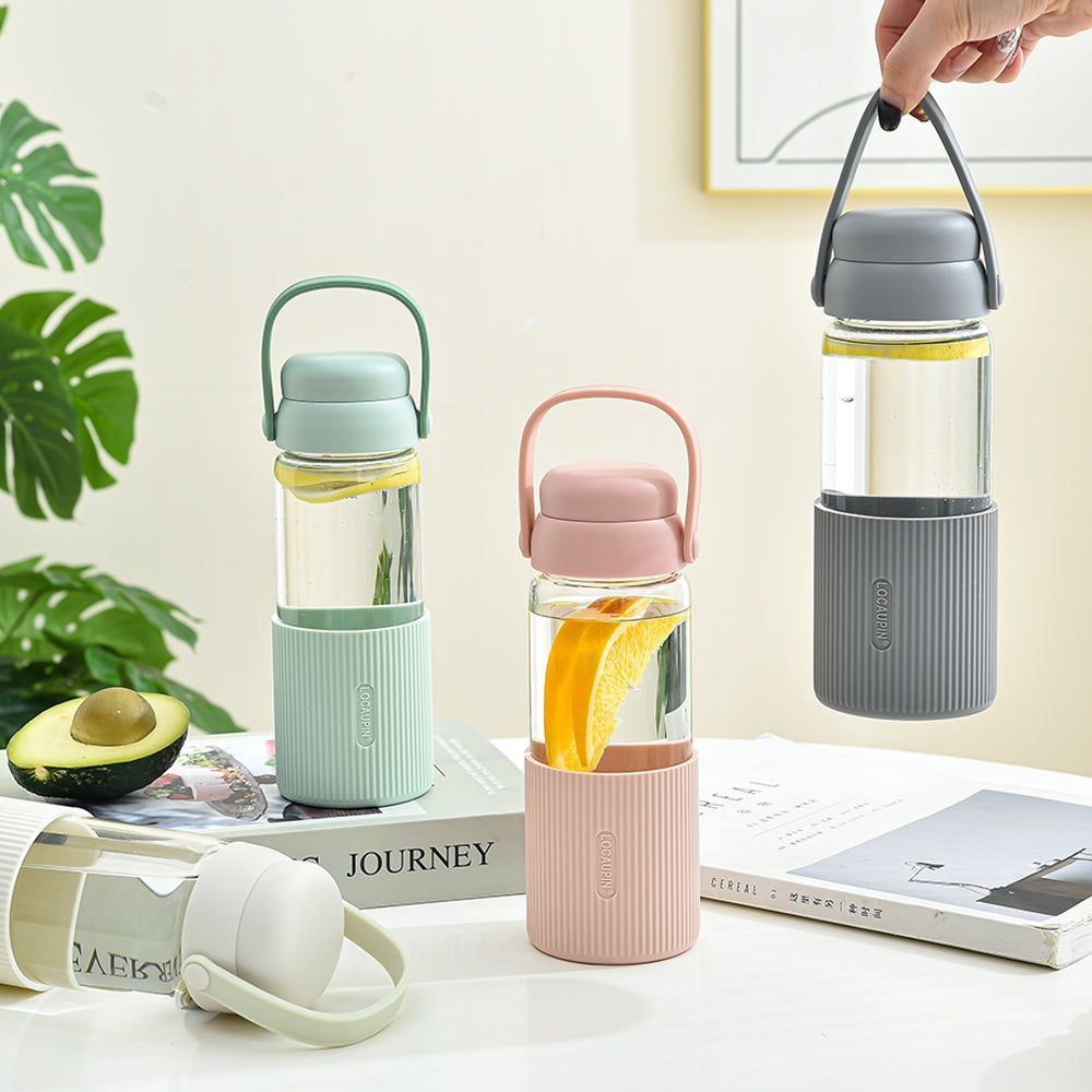 Locaupin Glass Water Bottles with Silicone Sleeve, BPA-Free,with Handle and Filter Tea Bottle,Portable Travel tea Bottle