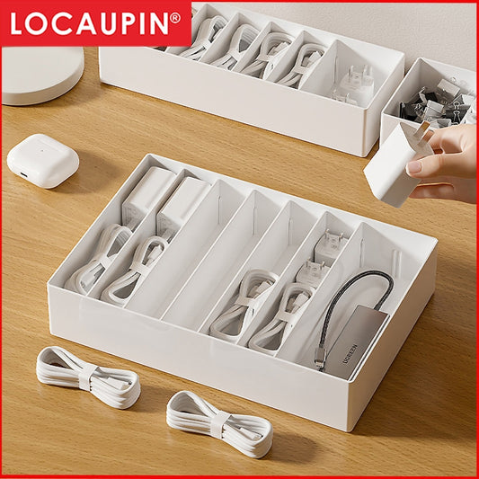 Locaupin Plastic Cable Management Box with Cover,Clear Power Cord Organizer with 8 Compartments, Electronics Organizer