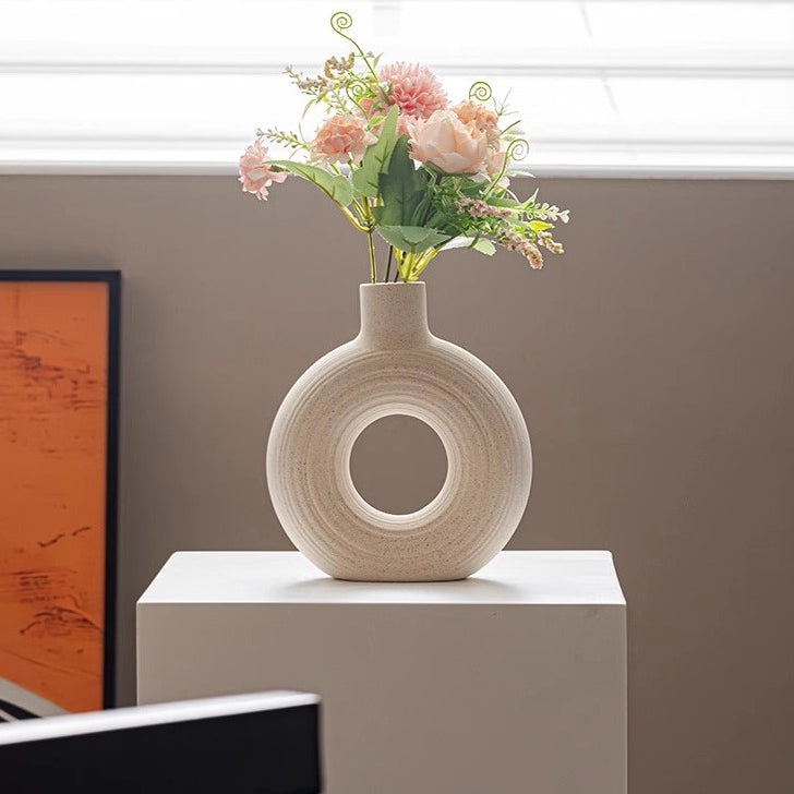 Locaupin White Ceramic Vase Modern Home Decor, Hollow Round Matte Pampas Flower Vases