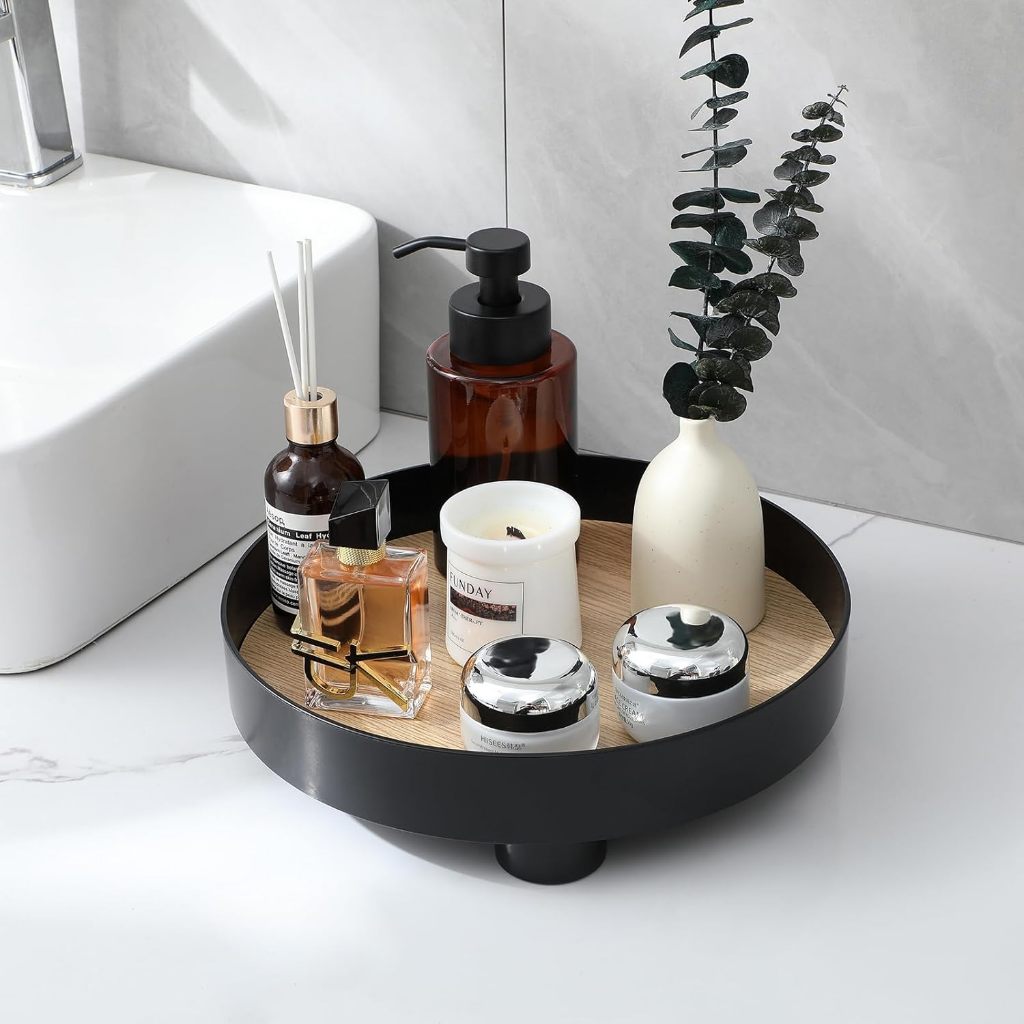 Locaupin Round Wooden Tray Rustic Decorative Tray Fall Home Decor Serving Tray Farmhouse Coffee Table Decor Circle Tray