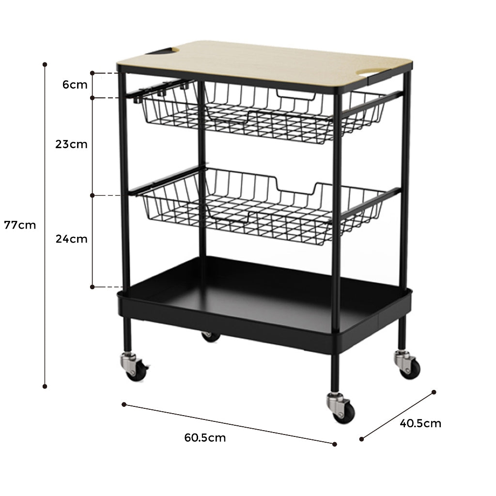LOCAUPIN 4-Tier Flat Top Rolling Kitchen Serving Utility Cart on Wheels Storage Shelf with Wooden Table