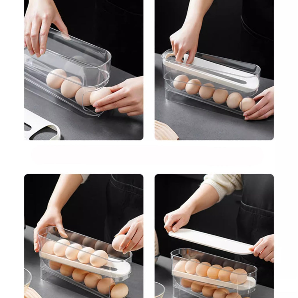 Locaupin Sliding Egg Container Kitchen Organizer with Lid Rolling Food Grade Refrigerator Egg Dispenser Storage Rack