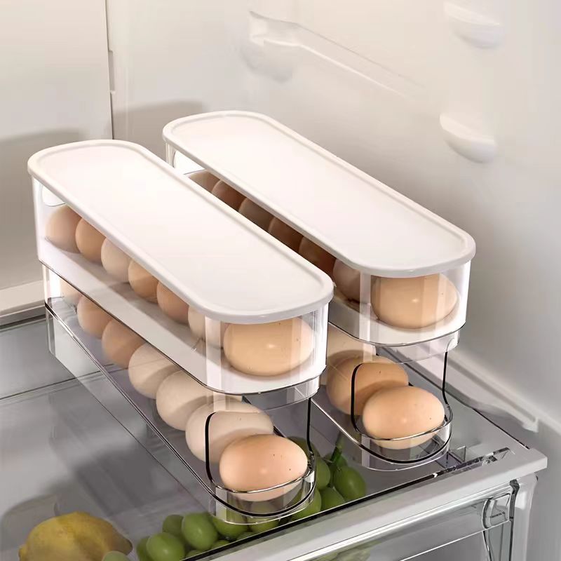 Locaupin Sliding Egg Container Kitchen Organizer with Lid Rolling Food Grade Refrigerator Egg Dispenser Storage Rack